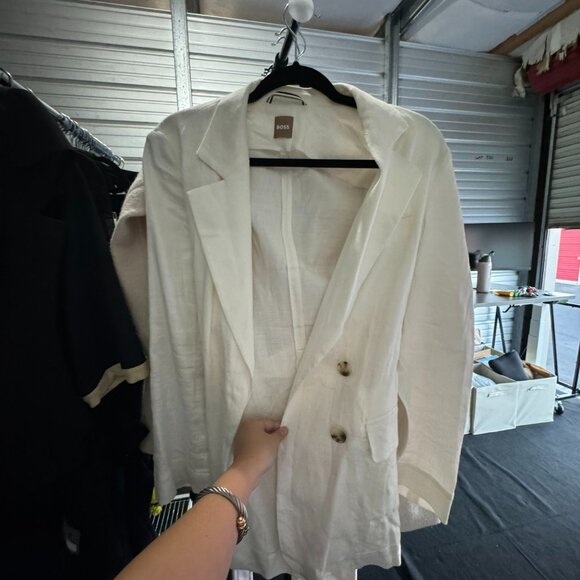 BOSS High Slit Linen Blazer Coat Cream - Picture 6 of 8